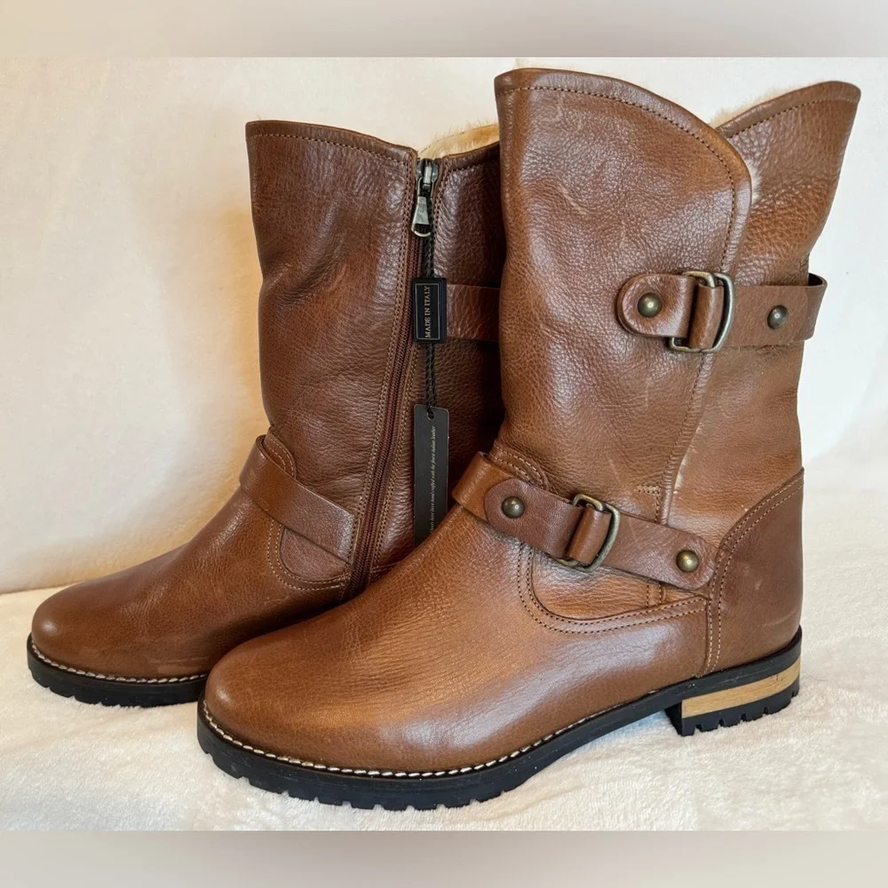 NEW Fabianelli Woman's Cognac Brown Chelsea Leather Boots Size 9 - Picture 2 of 9